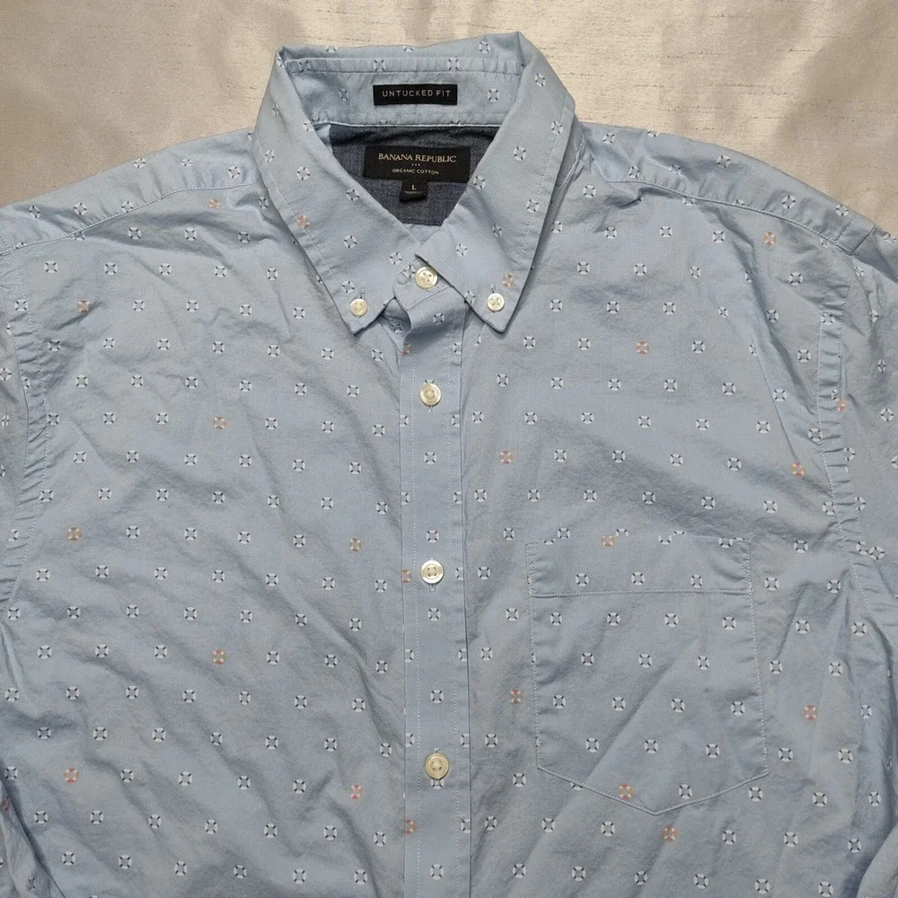 BANANA REPUBLIC UNTUCKED Fit Men Large Organic Cotton Blue Geo‎ Button Shirt